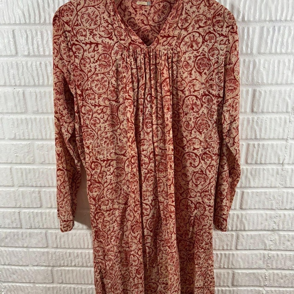 Matta Red Floral Cotton Midi Dress Long Sleeve V-Neck Small Bohemian Block Print